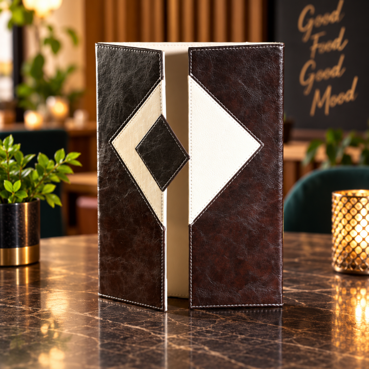 Geometrik Baklava Detaylı Çift Kanatlı Logo Baskılı Deri Menü